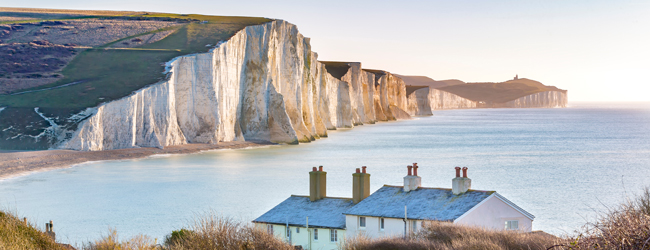 View of the Seven Sisters chalk cliffs on the coast near Eastbourne, England